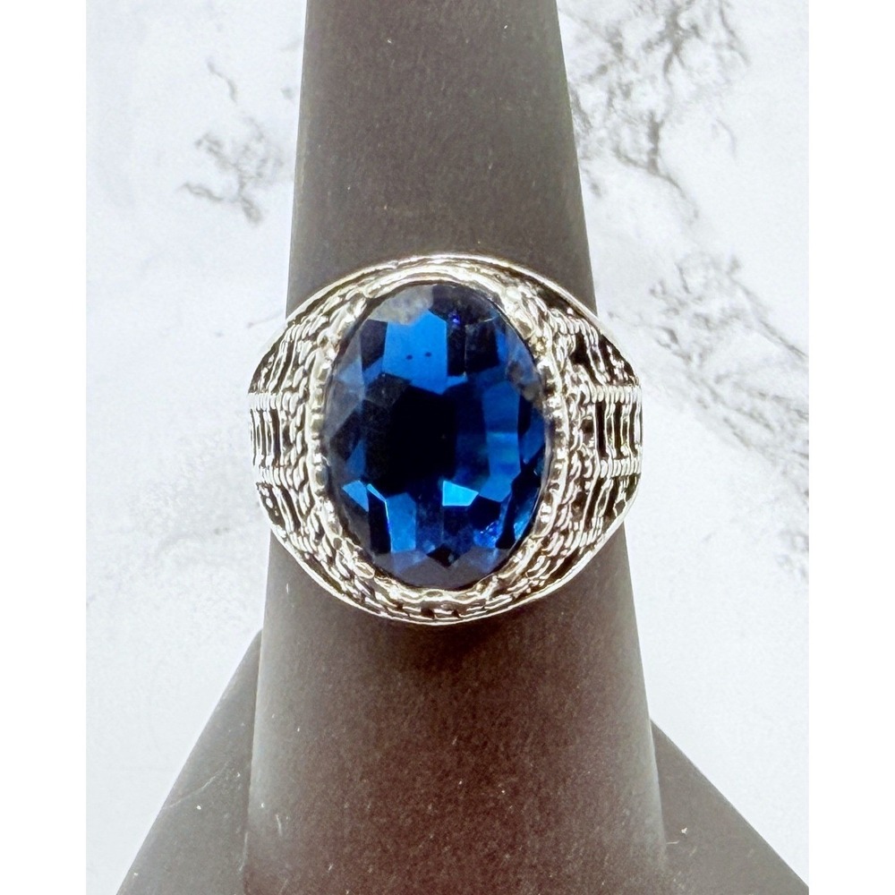 Bold Blue Faceted Glass Statement Ring Silver Tone Size 7.5